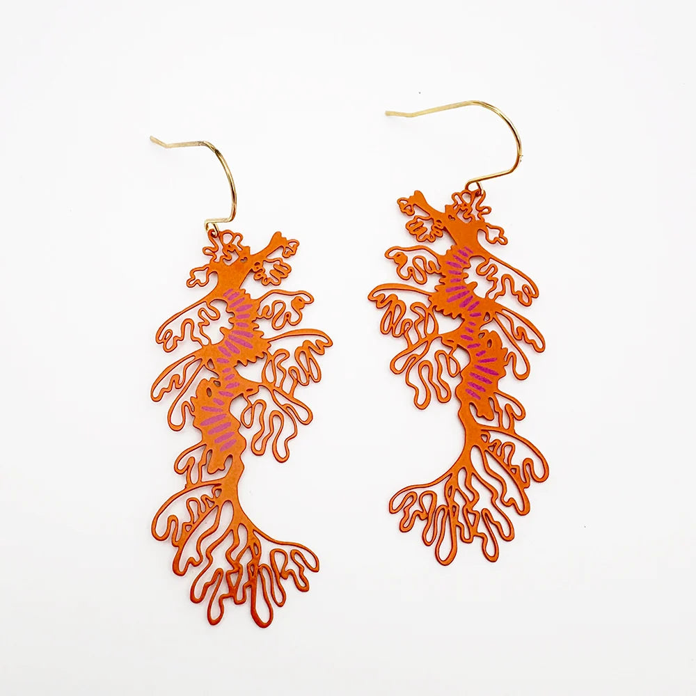 Denz & Co Leafy Seadragon Earrings in Orange & Hot Pink