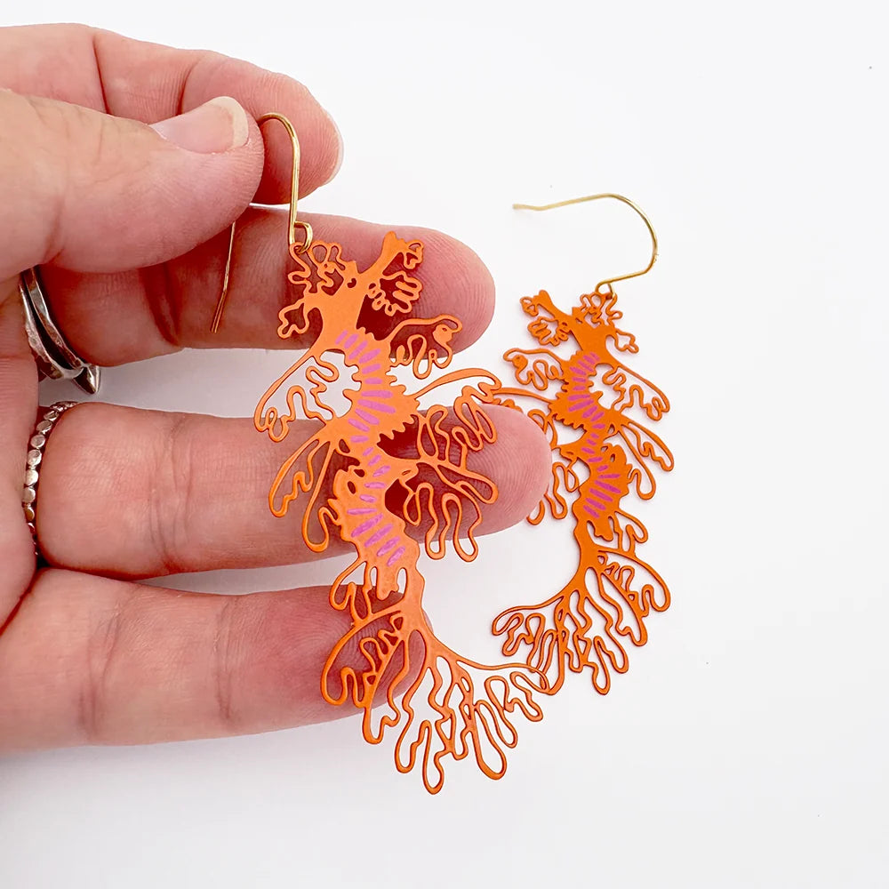 Denz & Co Leafy Seadragon Earrings in Orange & Hot Pink