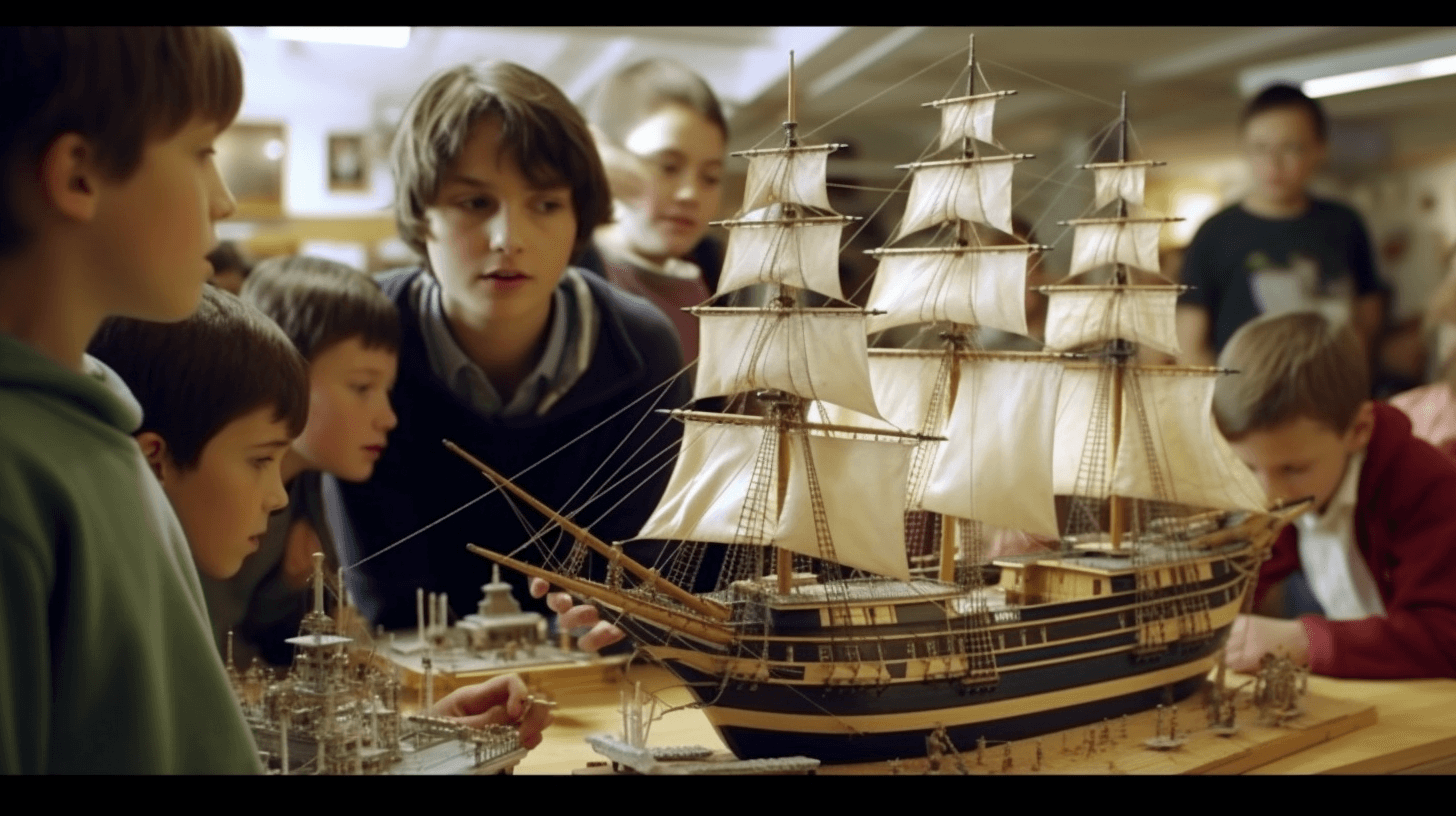 Kids looking at a model Ship